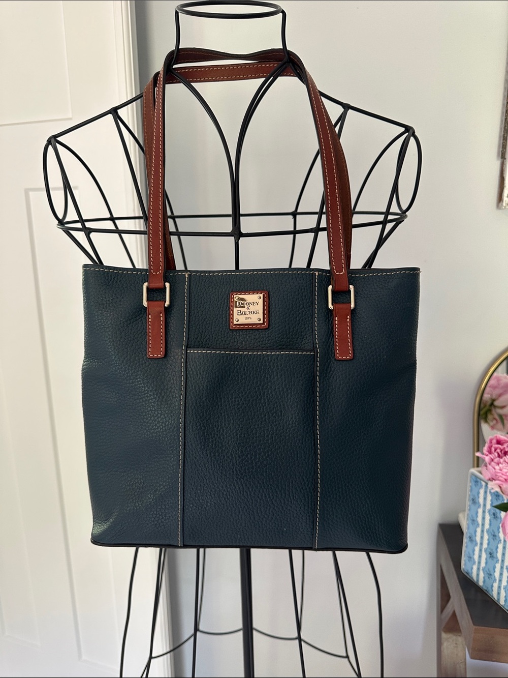 Vintage Dooney & Bourke Dark Blue Pebble Leather Tote with Brown Handles